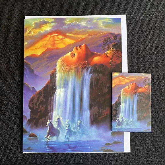 DAY DREAM Jim Warren VTG Combo Pack Greeting Card & Magnet Waterfall Horses NOS - Picture 1 of 11